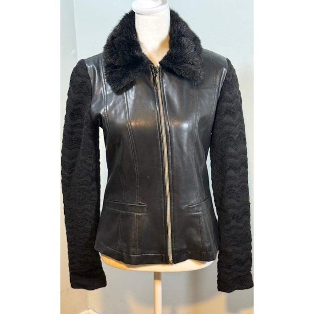 Sandro Paris Mixed Media Faux Leather Jacket Size 1 Faux Fur‎ Collar Vintage Y2K